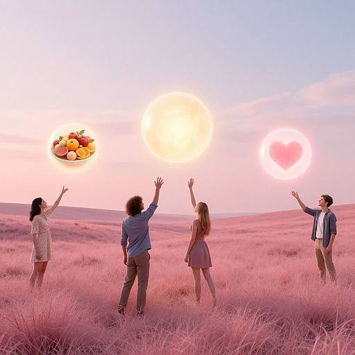 Photograph of four people, two men and two women, standing in a pink grass field, reaching up at a floating fruit basket at sunset.