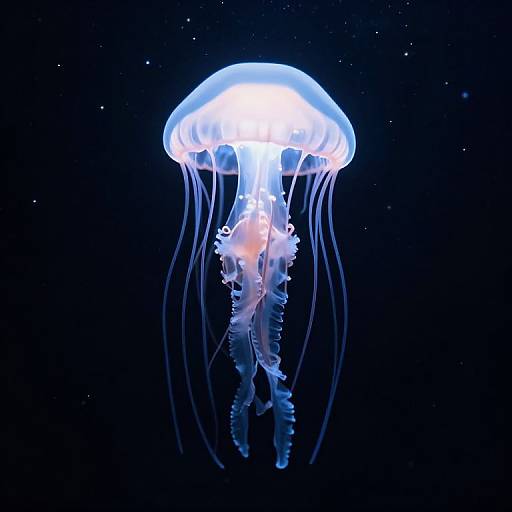 Photograph of a glowing, translucent jellyfish with white and blue bioluminescence, long flowing tentacles, and a dome-shaped bell, floating