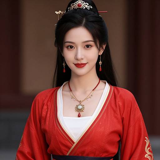 Digital artwork of an East Asian woman with long black hair in a traditional red Korean hanbok, adorned with gold jewelry and red earrings, standing against