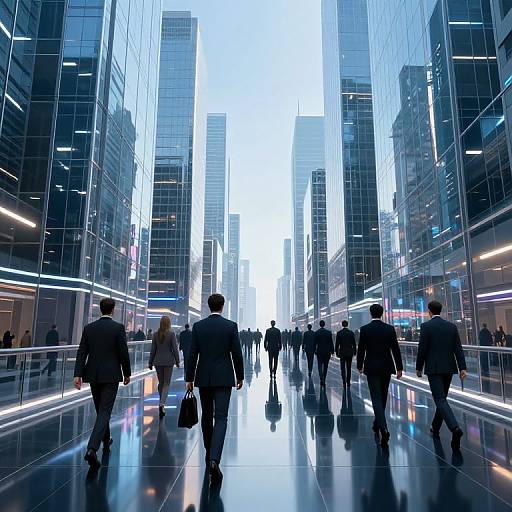 Photograph of a modern, glass-walled cityscape at dusk, showing numerous business professionals walking down a glossy, reflective pedestrian walkway between towering skys