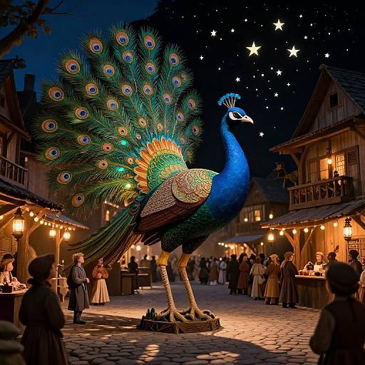 Photograph of a vibrant, illuminated peacock with a colorful plumage standing in a nighttime, medieval market square with starry sky, wooden buildings,