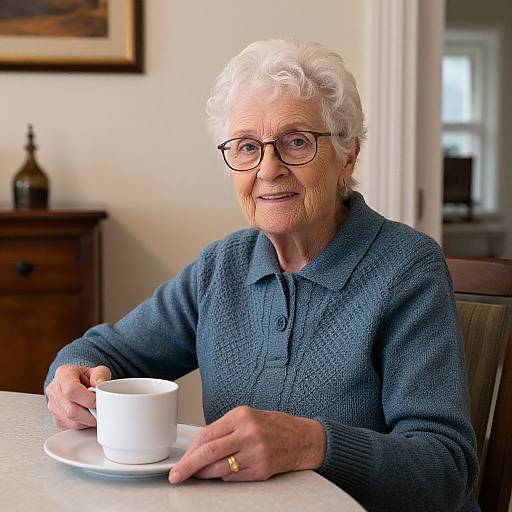 Photograph of an elderly woman with white curly hair, glasses, wearing a blue knit sweater, smiling while holding a white cup on a saucer at