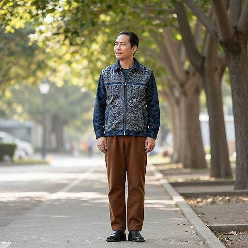 Photograph of an Asian man with short black hair, wearing a blue patterned jacket, brown pants, and black shoes, standing on a tree-lined