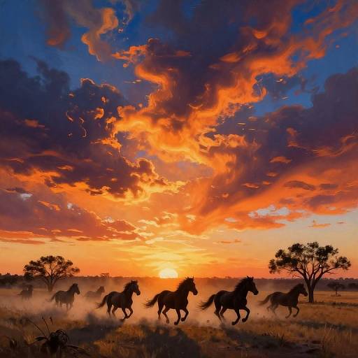 Photograph of silhouetted horses galloping in a misty field at sunset, with vibrant orange and purple clouds in the dramatic sky.