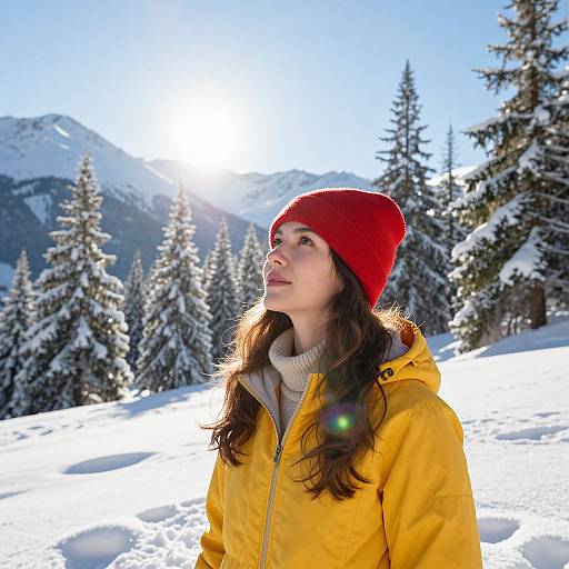 Photograph of a young woman with fair skin, brown hair, wearing a red beanie and yellow jacket, gazing upward in a snowy, sun