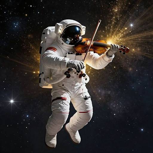 Photograph of an astronaut in a white spacesuit playing a violin, surrounded by a starry galaxy with radiant light effects.
