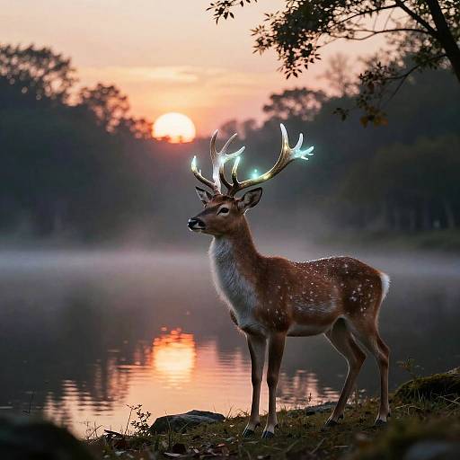 Mystical Deer by Tranquil Sunset Lake