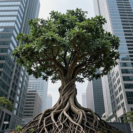 Photograph of a large, leafy tree with extensive, twisting roots, standing amidst tall, modern skyscrapers in an urban setting.