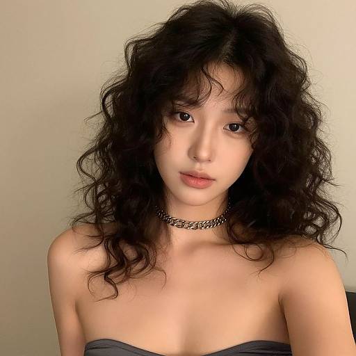 Photograph of an East Asian woman with curly black hair, fair skin, wearing a black choker and strapless top, against a plain beige background