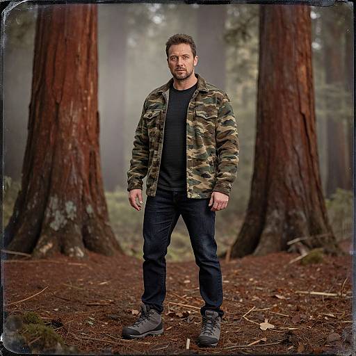 Photograph of a bearded man in a camouflage jacket, black shirt, and dark jeans, standing in a misty redwood forest.