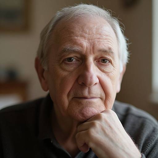 Photograph of an elderly man with wrinkled skin, short gray hair, and deep-set brown eyes, resting his chin on his hand, wearing a