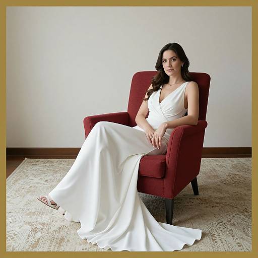 Photograph of a woman with long dark hair, wearing a white, sleeveless, V-neck gown, seated in a red armchair on a beige