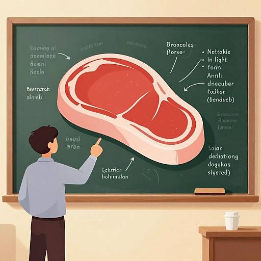 Illustration of a male teacher pointing at a labeled diagram of a beef cut on a chalkboard in a classroom.