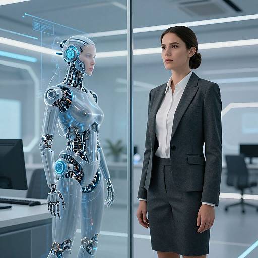 Photograph: Serious woman in black suit and white shirt stands beside glowing blue robotic female figure in modern, brightly lit office.