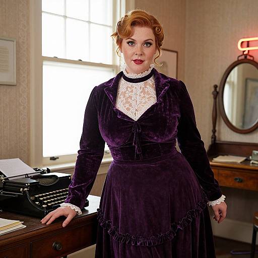 Photograph of a red-haired woman in a Victorian-style purple velvet dress with lace collar, standing in a vintage office with a typewriter, mirror,