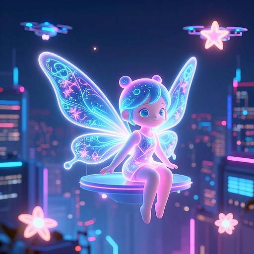Neon-lit CGI fairy with glowing blue wings, sitting on a floating platform in a vibrant, futuristic cityscape at night.