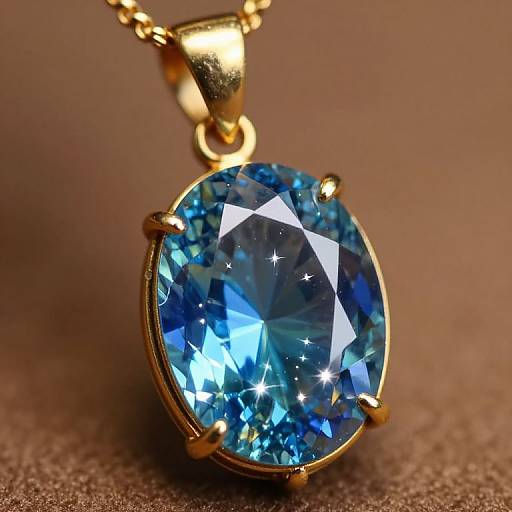 Close-up photograph of a round, vivid blue gemstone pendant with sparkling facets, set in gold, hanging from a gold chain.
