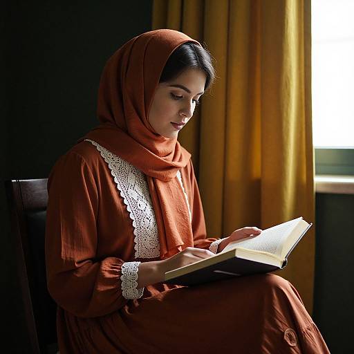 Photograph of a young woman with dark hair, wearing an orange hijab and dress with white lace trim, reading a book in dimly lit room