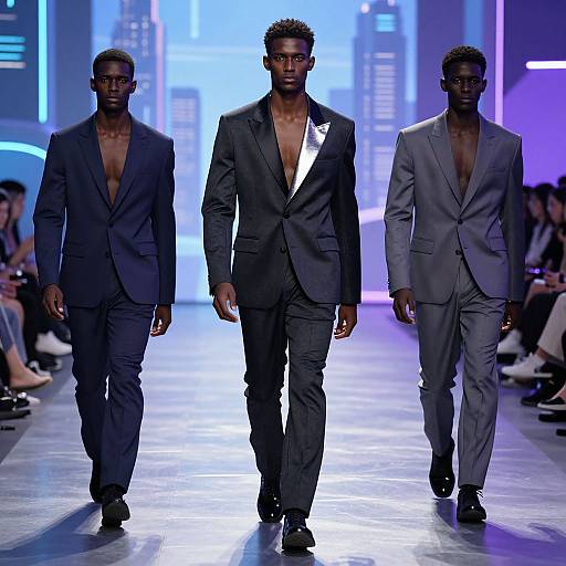 Photograph of three Black male models walking a neon-lit runway, wearing dark and light gray suits, some with open shirts, under bright blue and