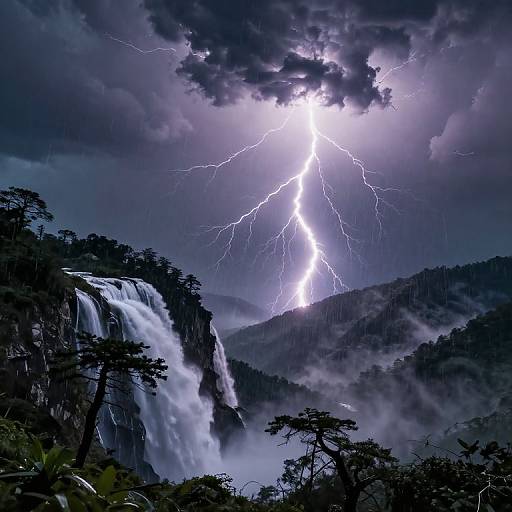 Photograph of a dramatic lightning strike illuminating a cascading waterfall amidst dark, stormy clouds and dense, silhouetted forest.