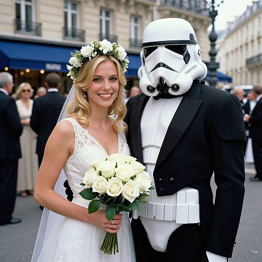 Photograph of a smiling blonde bride in a white lace dress and floral crown, holding white roses, standing beside a man in a black tuxedo