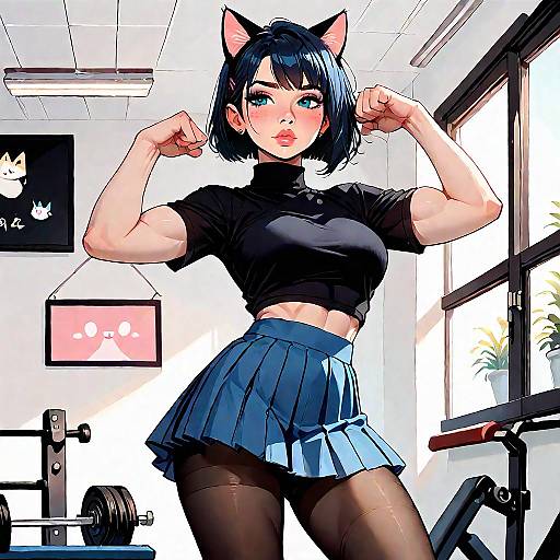 Muscular Chibi Necoarc Flexing Indoors