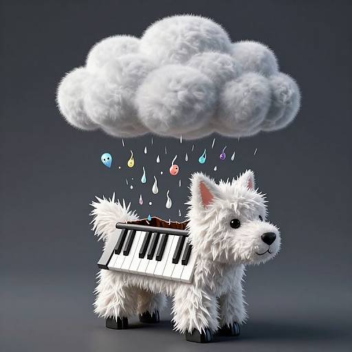 Whimsical digital illustration of a fluffy white dog wearing a piano as a harness, with colorful raindrops and a fluffy cloud above. Dark gradient background