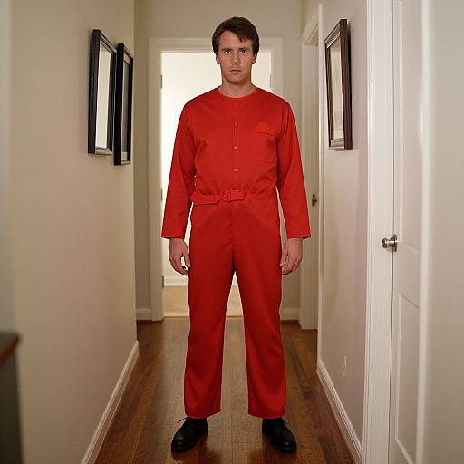 Photograph of a man in bright red prison uniform standing in a narrow, white-walled hallway with framed pictures on both sides.