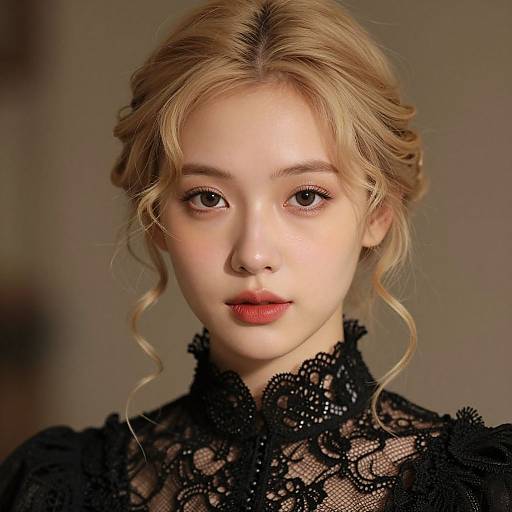 Photograph of a beautiful young Asian woman with fair skin, blonde hair in a loose updo, wearing a black lace high-collared top,
