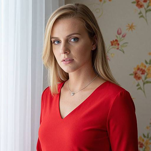 Photograph of a blonde woman with blue eyes, wearing a red V-neck shirt and silver necklace, standing in a room with floral wallpaper and a white