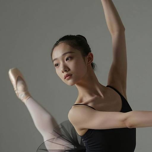 Photograph of an Asian ballerina in a black leotard and white tights, performing an elegant leg raise against a grey background.
