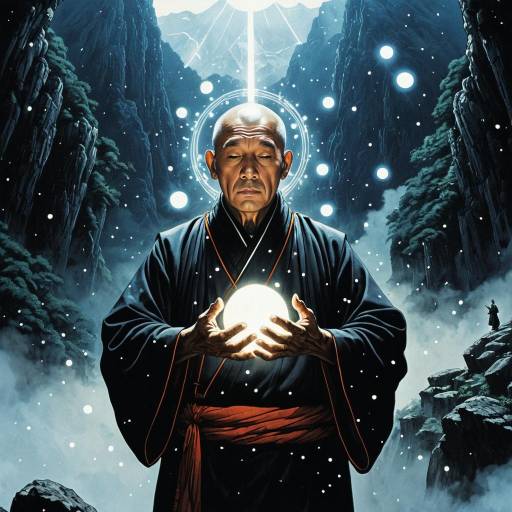 Elder Monk and Celestial Orbs in Mist
