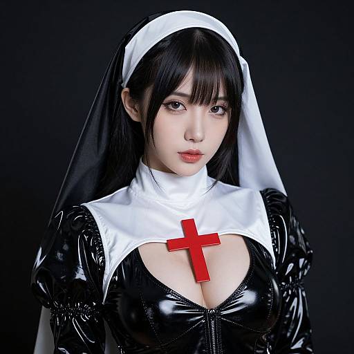 East Asian Woman in Latex Nun Outfit