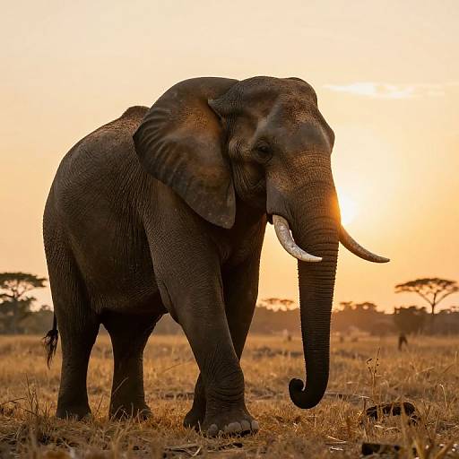 Photograph of a large African elephant with dark, textured skin and prominent white tusks, standing in a golden savanna at sunset, with a glowing