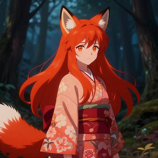 Digital anime-style illustration of a red-haired fox girl with large ears and tail, wearing a pink floral kimono, standing in a dark forest.