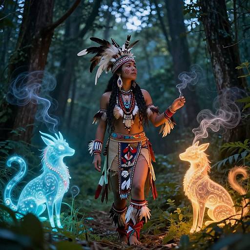 Photograph of Indigenous woman in forest, wearing traditional headdress and jewelry, surrounded by glowing, ethereal blue and orange wolf spirits.