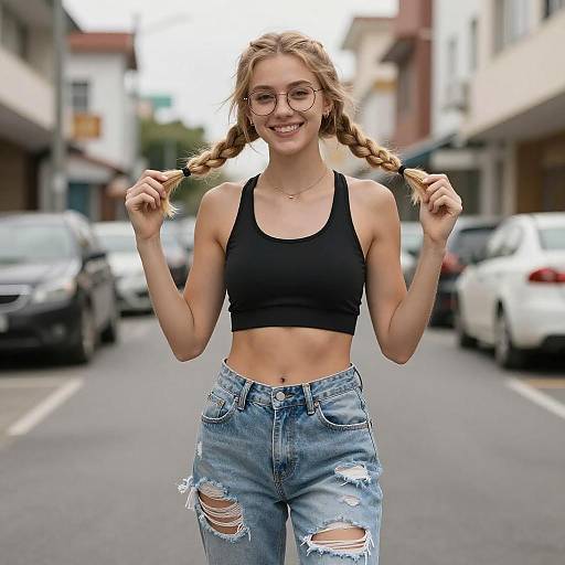 Smiling Blonde Woman in Casual Streetwear