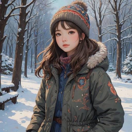 Girl in Winter Forest Squatting