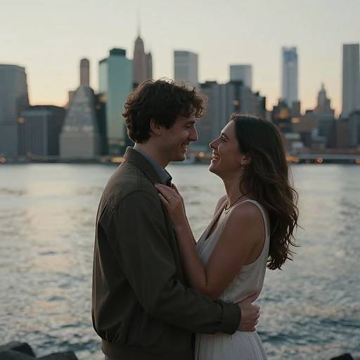 Photograph of smiling couple, man in brown jacket, woman in white dress, standing by waterfront at sunset with city skyline.