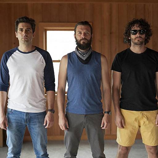 Three Men Posed in Wooden Room