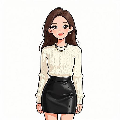 Digital anime-style drawing of a young woman with long brown hair, wearing a white sweater, black leather skirt, and gold necklace, standing against a white