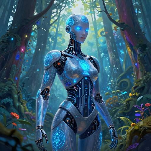 Futuristic Cyborg in Mystical Forest