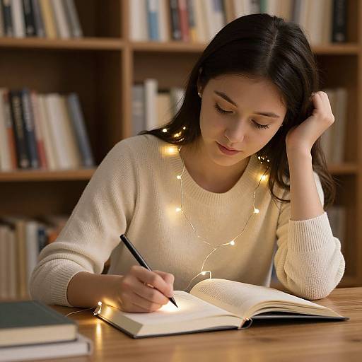 Photograph of a young Asian woman with long black hair, wearing a white sweater and fairy lights, writing in an open book at a wooden table,