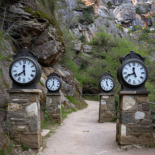 Vintage Clocks Along Rugged Canyon Path
