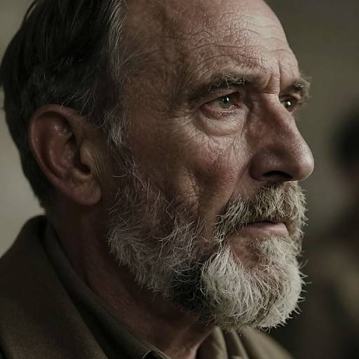 Photograph of an elderly man with a weathered face, white beard, and deep-set eyes, looking pensively into the distance. Dark, mo