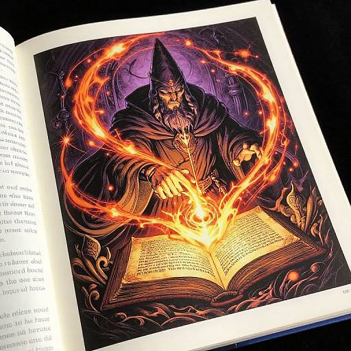 Illustration of a wizard with a pointed hat conjuring fire from an open book, surrounded by flames, on a glowing page.
