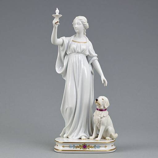 Photograph of a white porcelain statue of a classical woman in a flowing dress holding a star, accompanied by a white dog with a purple collar.