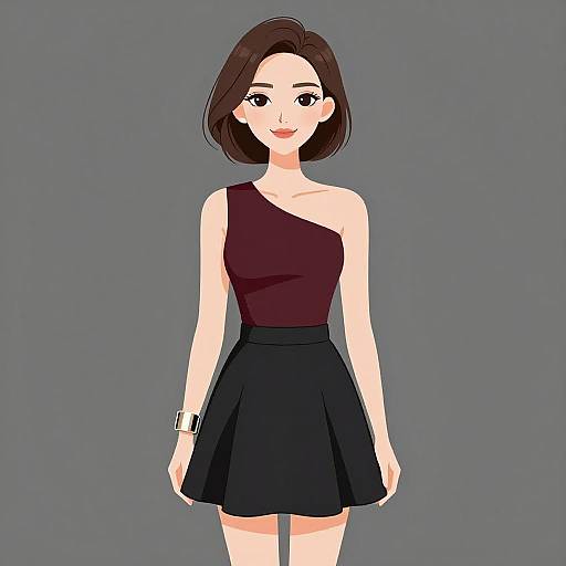 Digital illustration of a fair-skinned woman with short brown hair, wearing a one-shoulder maroon top and black skirt, gray background.