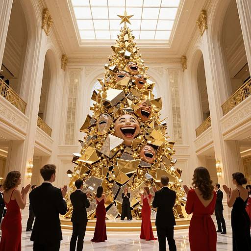 Photograph of a grand, gold-ornamented Christmas tree with smiling faces in the center, surrounded by elegantly dressed guests in red and black