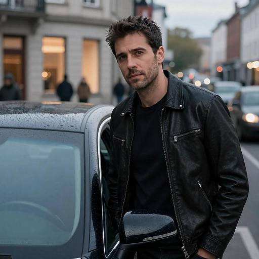 Photograph of a handsome, ruggedly handsome man with short dark hair and beard, wearing a black leather jacket, standing by a wet black car on